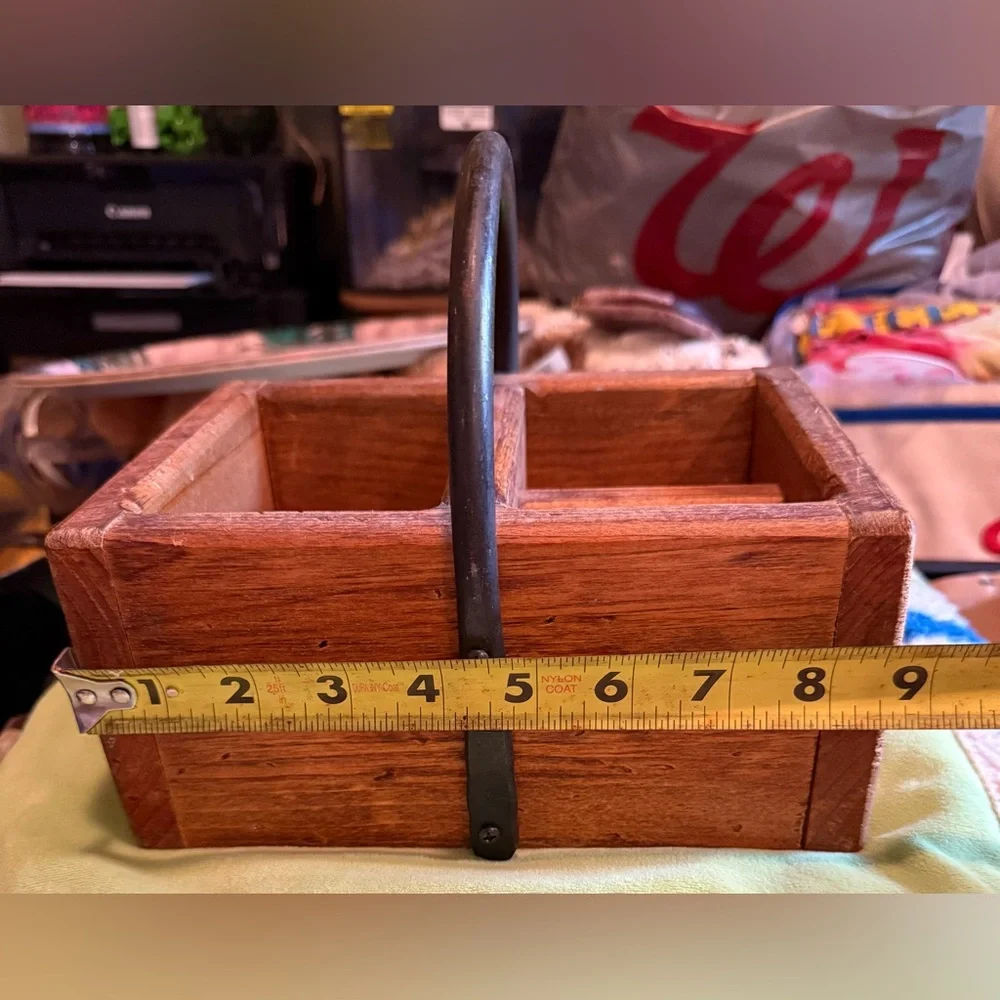Handcrafted wooden caddy with four compartments and a wrought iron steel handle